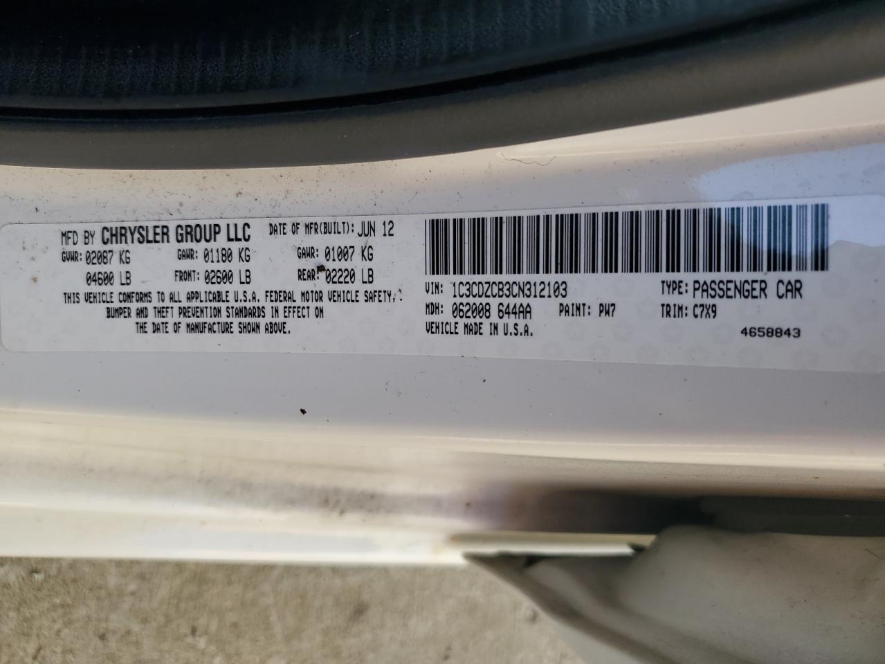 2012 Dodge Avenger VIN 1C3CDZCB3CN312103 Copart auction photo, front end damage thumbnail 12