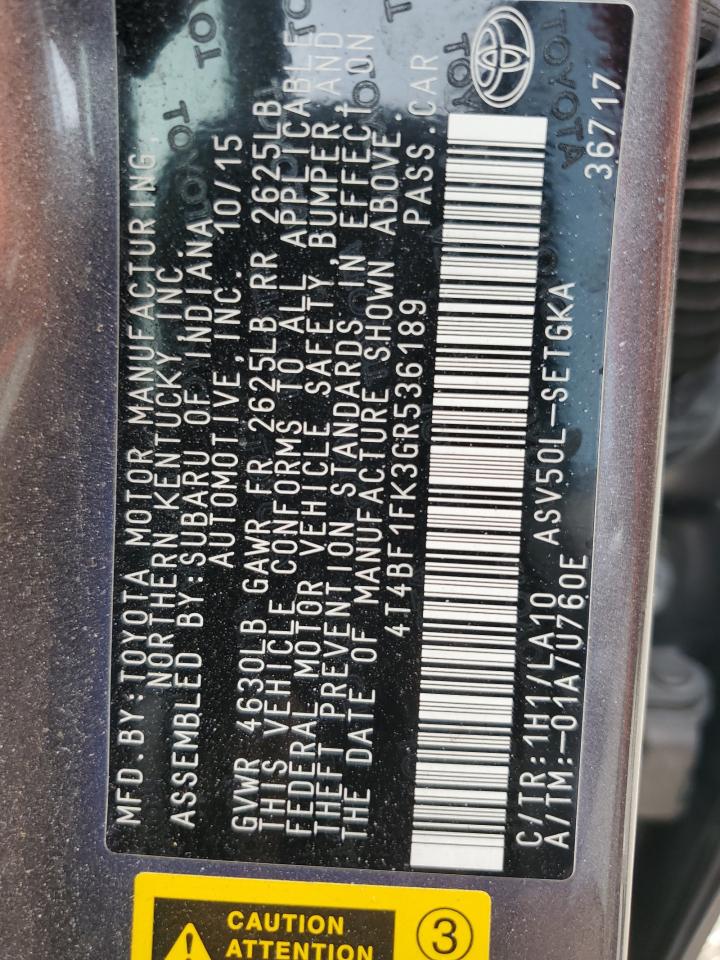 2016 Toyota Camry VIN 4T4BF1FK3GR536189 Copart auction photo, rejected repair / all over damage thumbnail 12