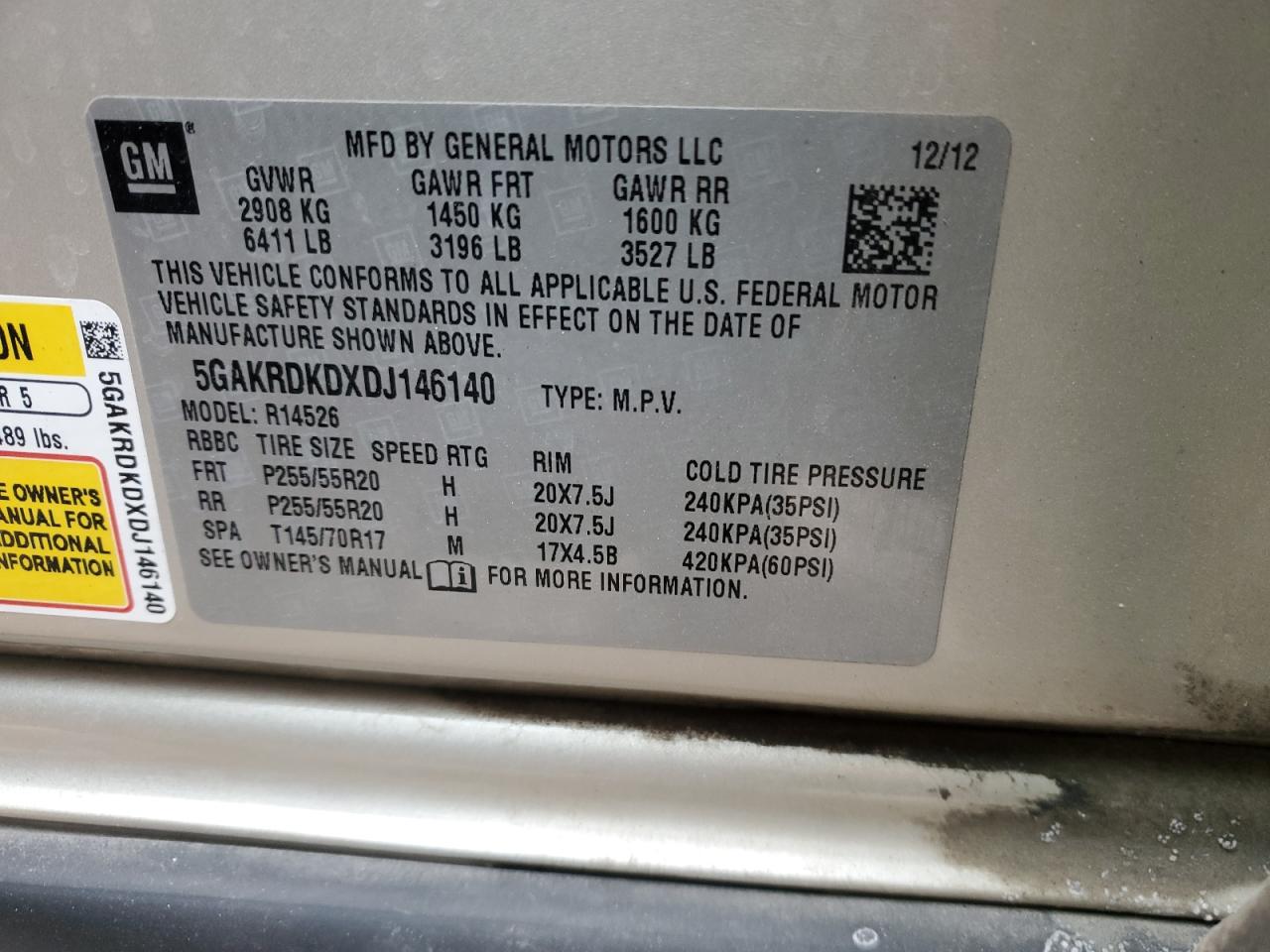 2013 Buick Enclave VIN 5GAKRDKDXDJ146140 Copart auction photo, front end damage thumbnail 14