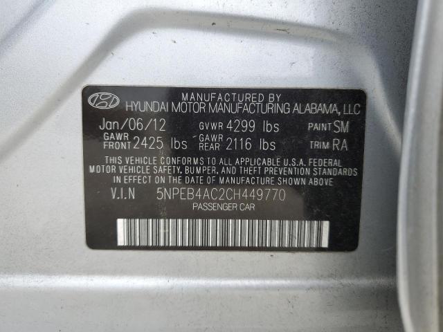 2012 Hyundai Sonata VIN 5NPEB4AC2CH449770 Copart auction photo, all over / vandalism damage thumbnail 12