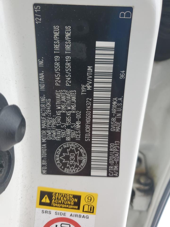 2016 Toyota Highlander VIN 5TDJCRFH0GS014372 Copart auction photo, front end damage thumbnail 13
