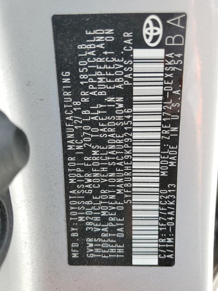 2019 Toyota Corolla VIN 5YFBURHE9KP921546 Copart auction photo, front end damage thumbnail 12