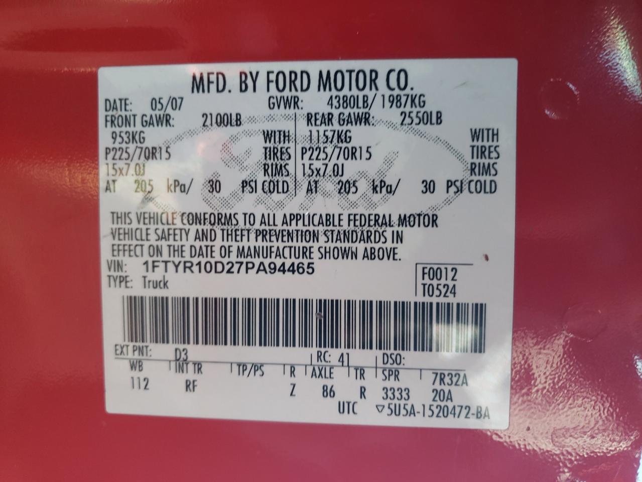 2007 Ford Ranger VIN 1FTYR10D27PA94465 Copart auction photo, front end damage thumbnail 12