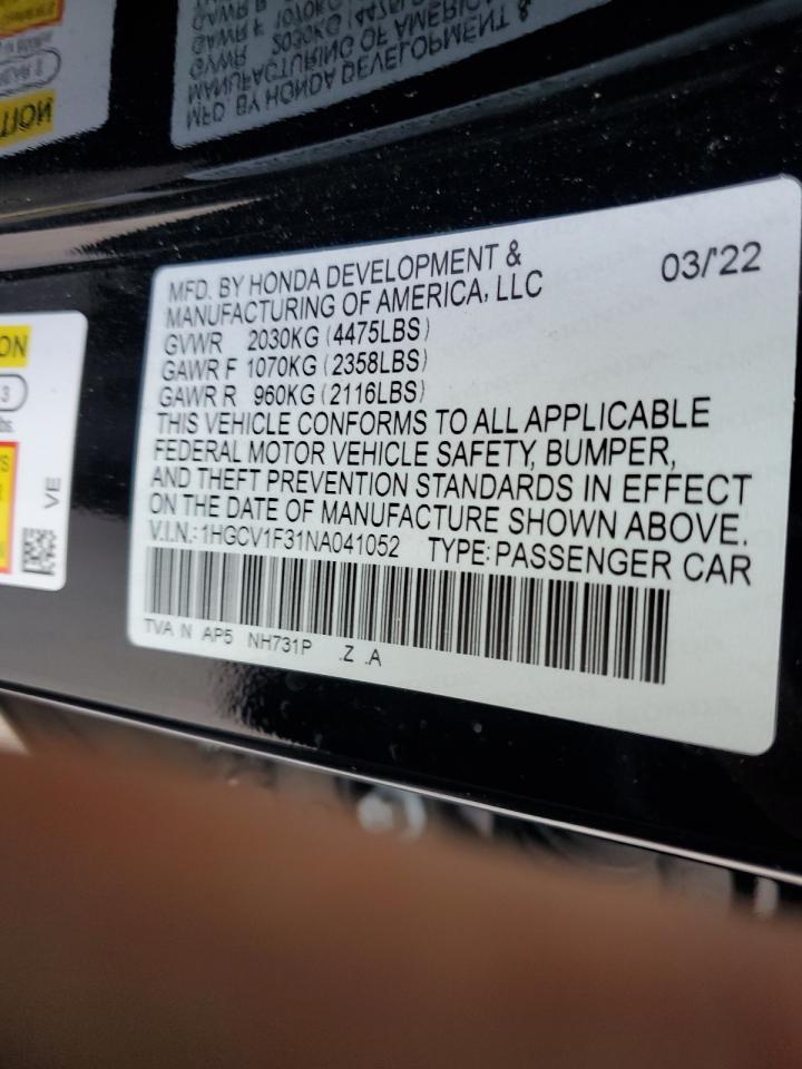 2022 Honda Accord VIN 1HGCV1F31NA041052 Copart auction photo, front end damage thumbnail 14
