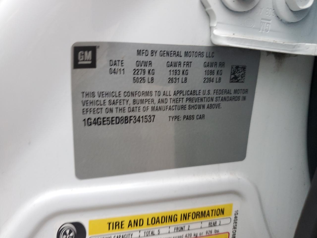 2011 Buick LaCrosse VIN 1G4GE5ED8BF341537 Copart auction photo, all over damage thumbnail 14