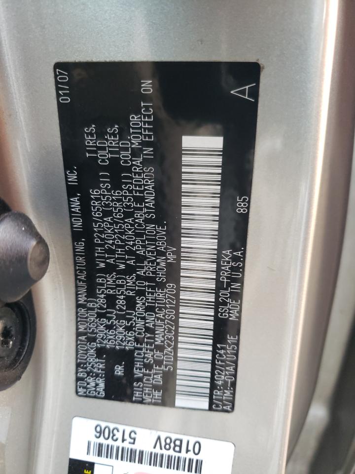 2007 Toyota Sienna VIN 5TDZK23C27S012709 Copart auction photo, side damage thumbnail 13
