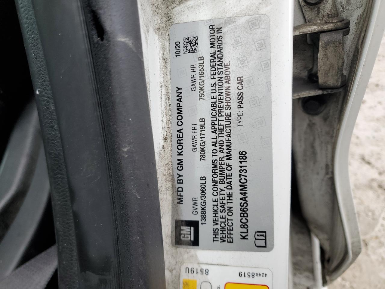 2021 Chevrolet Spark VIN KL8CB6SA4MC731186 Copart auction photo, rear end / side damage thumbnail 12
