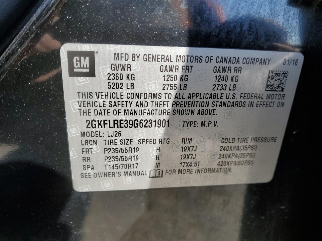 2016 GMC Terrain VIN 2GKFLRE39G6231901 Copart auction photo, front end / side damage thumbnail 15
