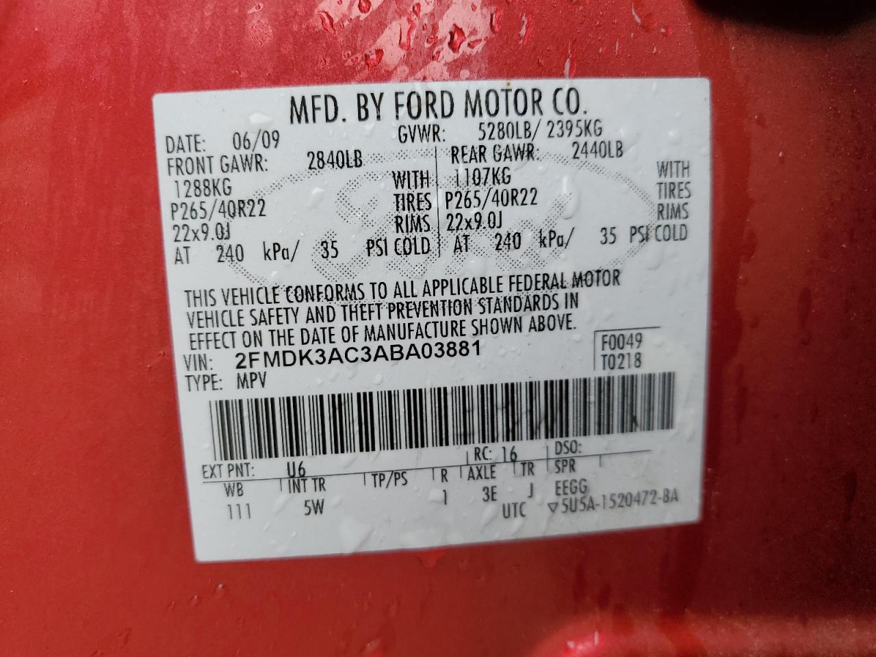 2010 Ford Edge VIN 2FMDK3AC3ABA03881 Copart auction photo, all over / minor dent/scratches damage thumbnail 13