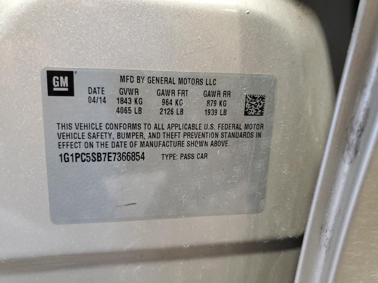 2014 Chevrolet Cruze VIN 1G1PC5SB7E7366854 Copart auction photo, front end damage thumbnail 12