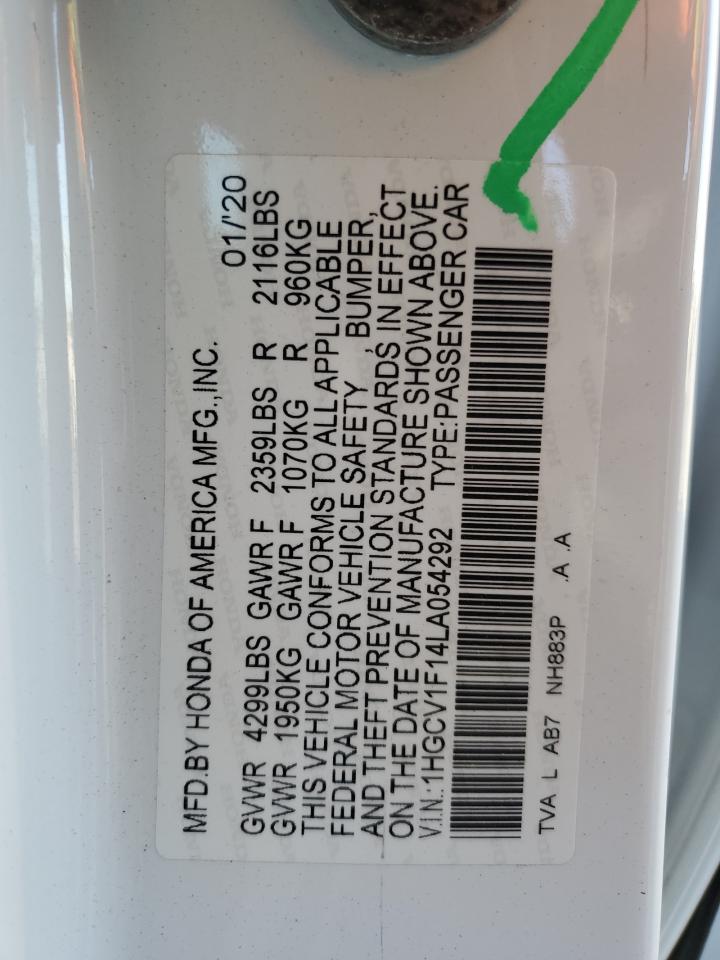 2020 Honda Accord VIN 1HGCV1F14LA054292 Copart auction photo, side damage thumbnail 12