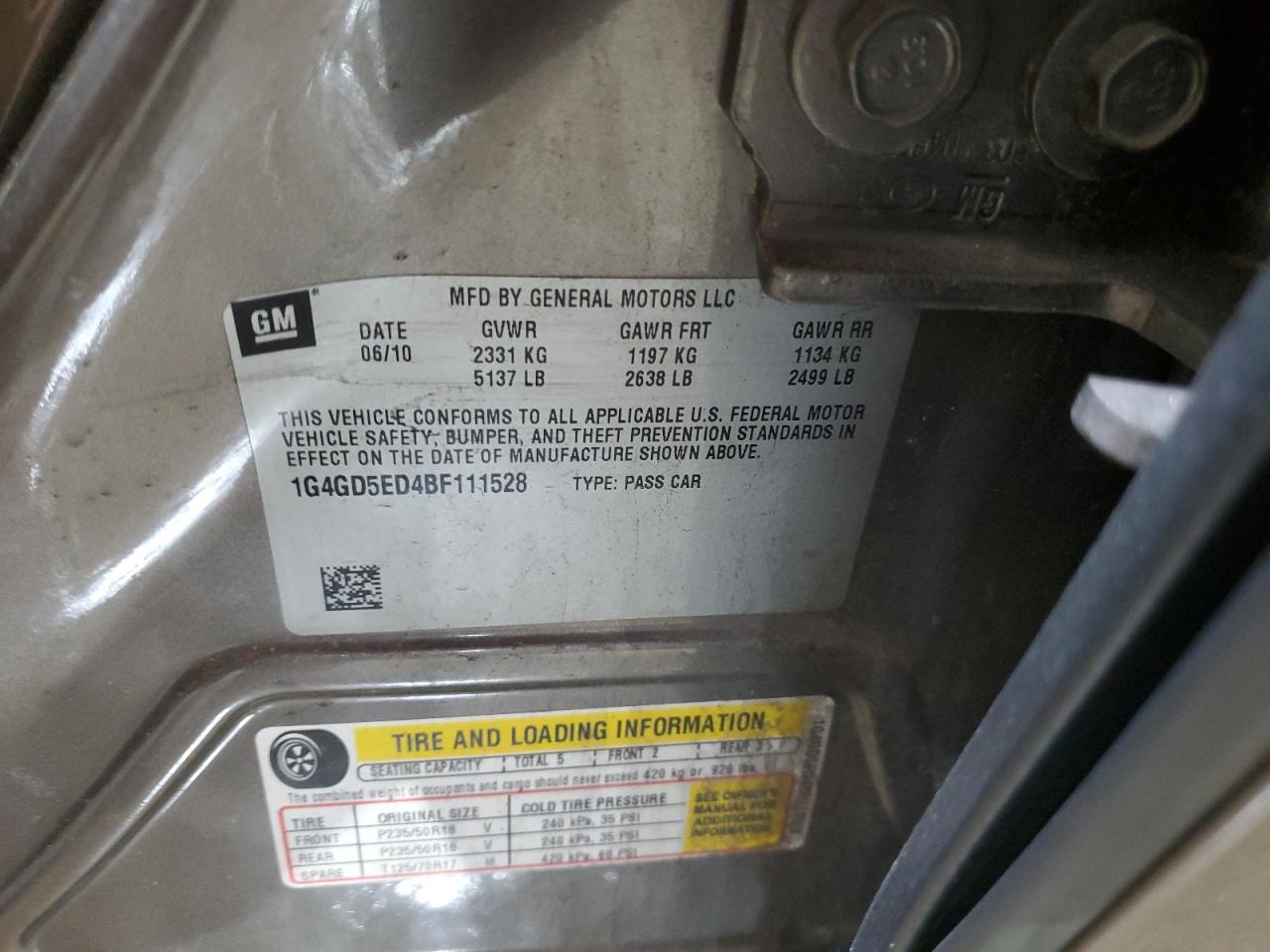 2011 Buick LaCrosse VIN 1G4GD5ED4BF111528 Copart auction photo, side / minor dent/scratches damage thumbnail 12