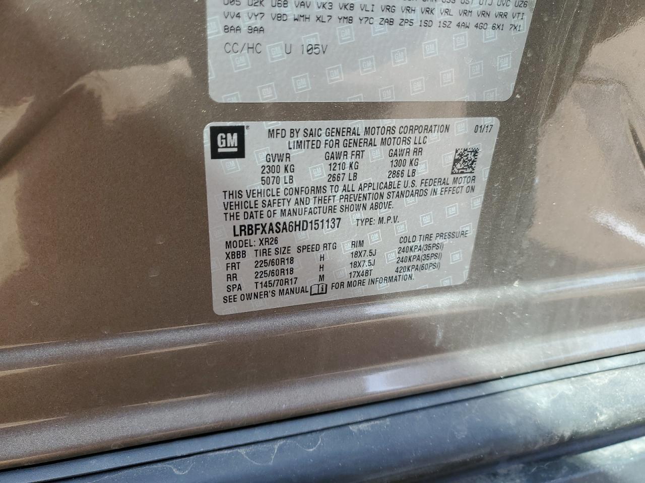 2017 Buick Envision VIN LRBFXASA6HD151137 Copart auction photo, front end damage thumbnail 15