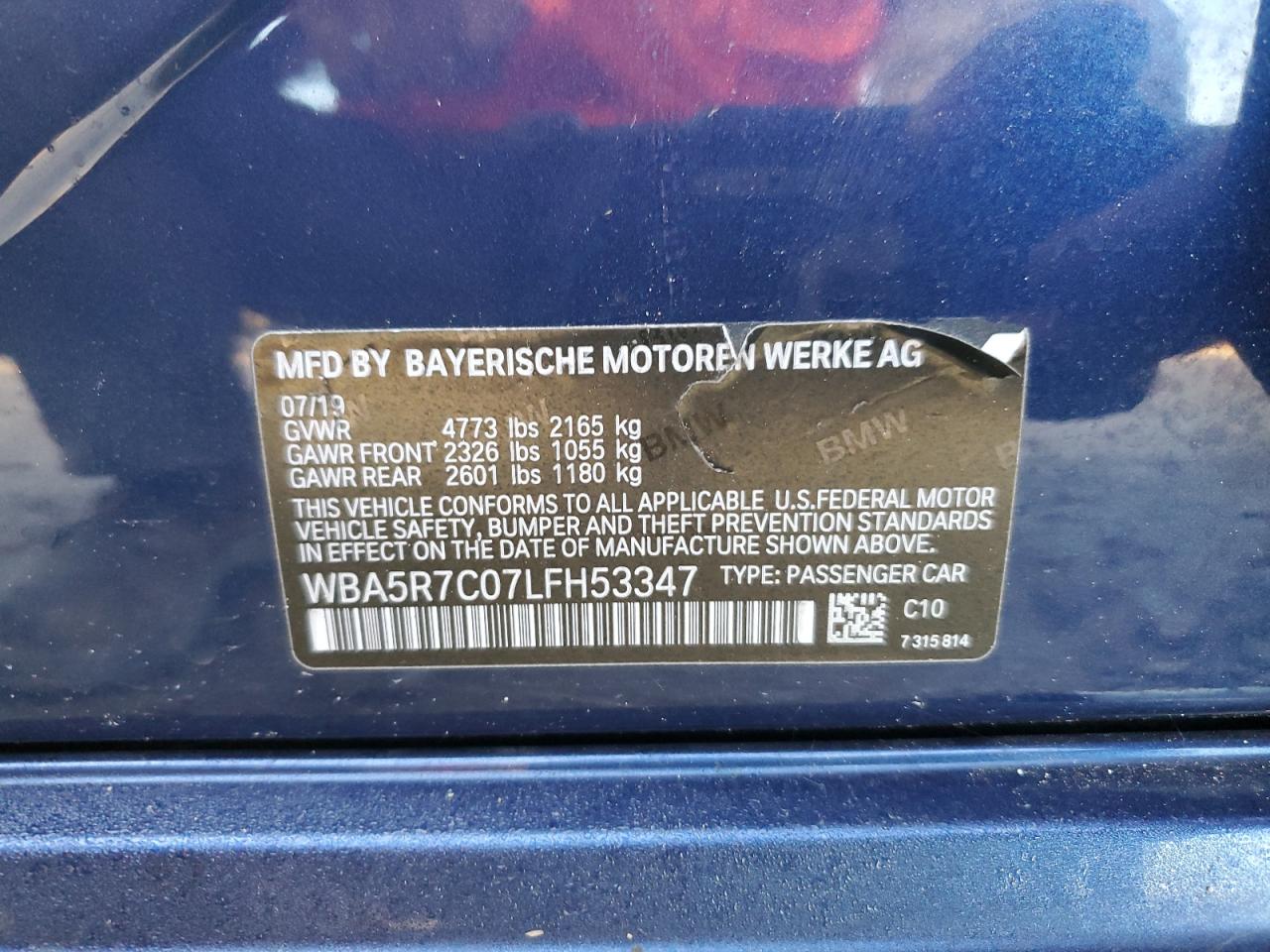 2020 BMW 3er VIN WBA5R7C07LFH53347 Copart auction photo, front end damage thumbnail 14