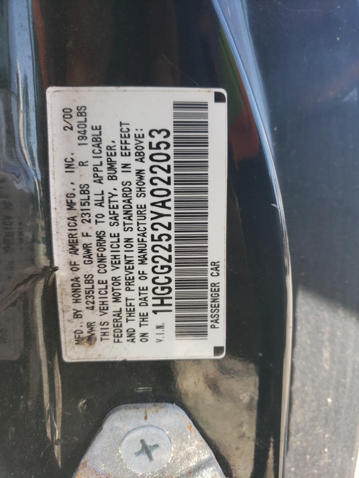 2000 Honda Accord VIN 1HGCG2252YA022053 Copart auction photo, top/roof damage thumbnail 12