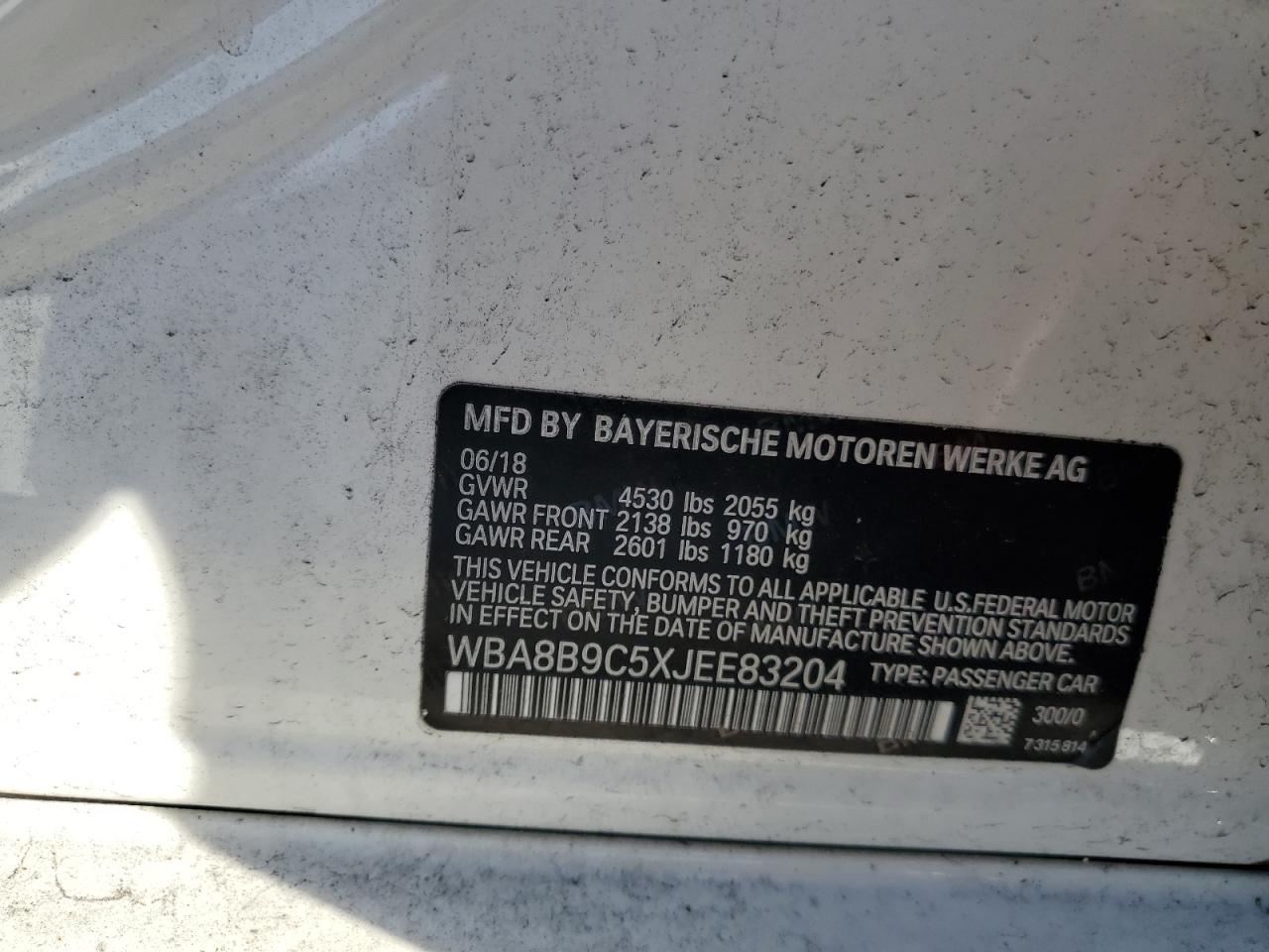 2018 BMW 3er VIN WBA8B9C5XJEE83204 Copart auction photo, water/flood damage thumbnail 13