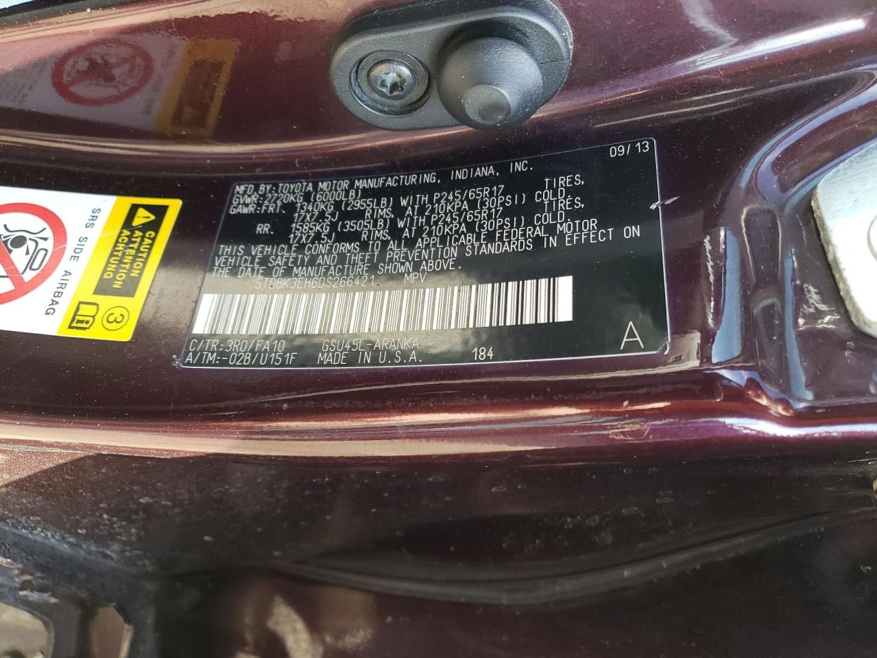 2013 Toyota Highlander VIN 5TDBK3EH6DS266421 Copart auction photo, front end / rear end damage thumbnail 13