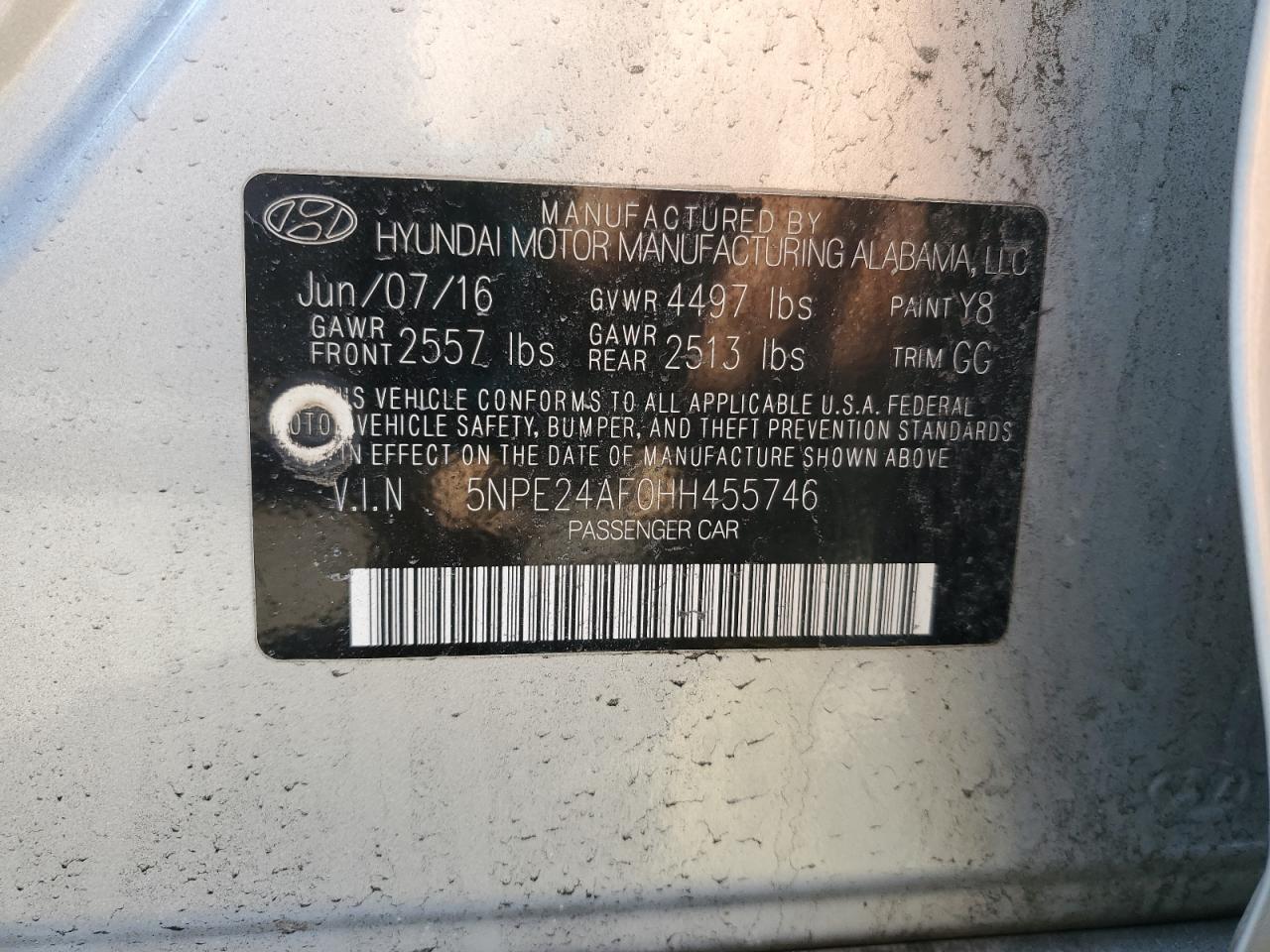 2017 Hyundai Sonata VIN 5NPE24AF0HH455746 Copart auction photo, side / minor dent/scratches damage thumbnail 12