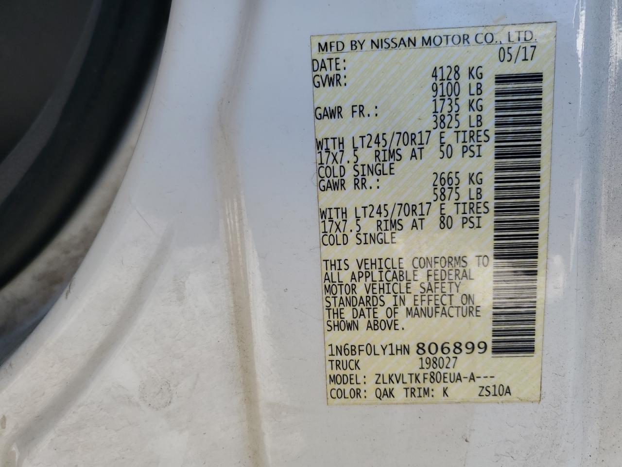 2017 Nissan NV VIN 1N6BF0LY1HN806899 Copart auction photo, front end damage thumbnail 13
