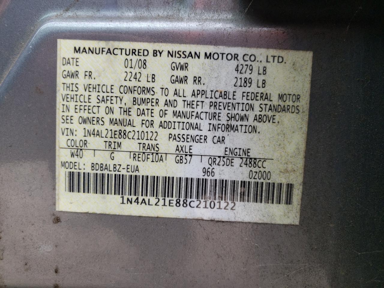 2008 Nissan Altima VIN 1N4AL21E88C210122 Copart auction photo, all over damage thumbnail 12