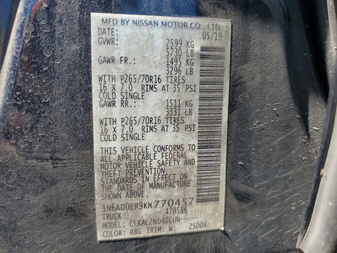 2019 Nissan Navara (Frontier) VIN 1N6AD0ER9KN770457 Copart auction photo, rear end damage thumbnail 15