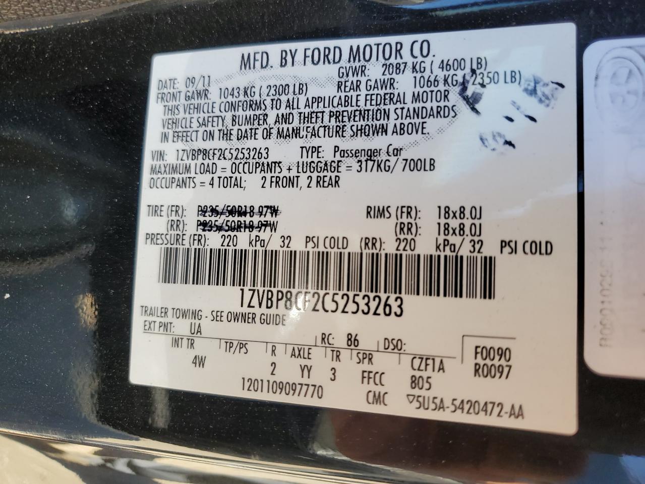 2012 Ford Mustang VIN 1ZVBP8CF2C5253263 Copart auction photo, front end / rear end damage thumbnail 14
