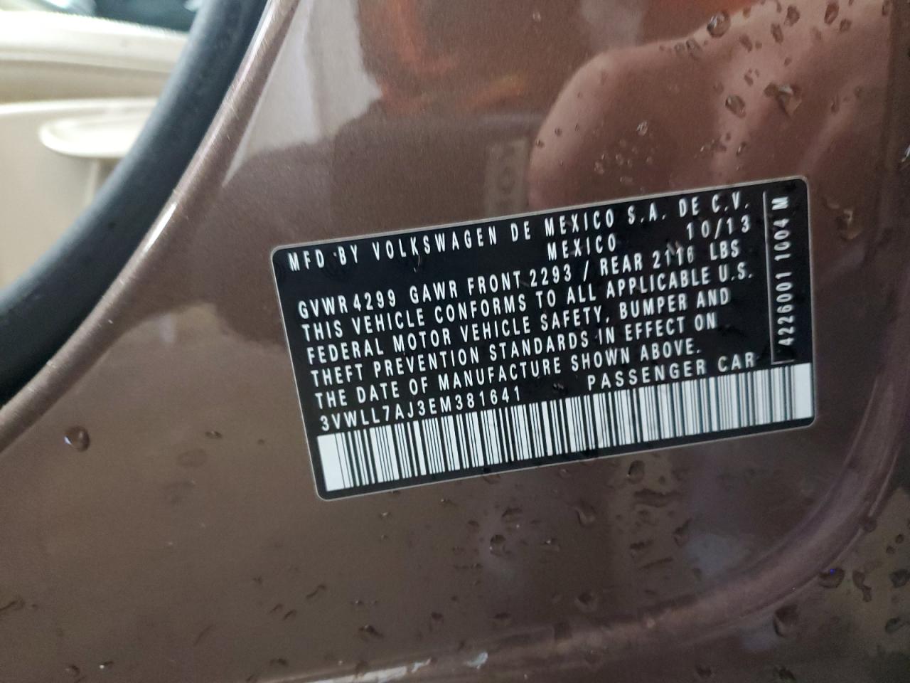 2014 Volkswagen Jetta VIN 3VWLL7AJ3EM381641 Copart auction photo, front end damage thumbnail 14