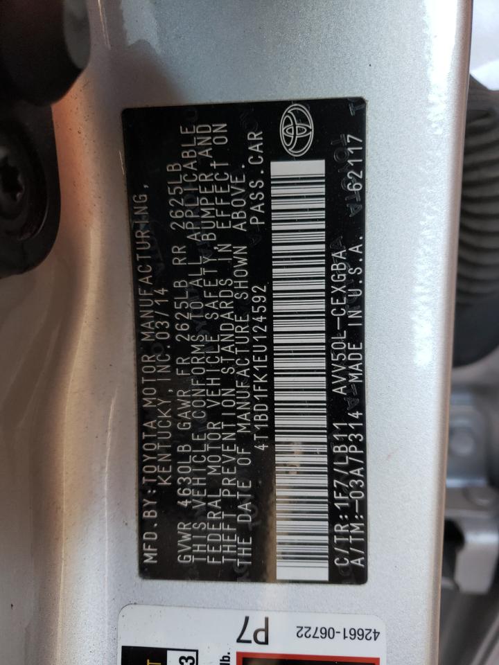 2014 Toyota Camry VIN 4T1BD1FK1EU124592 Copart auction photo, side / rear end damage thumbnail 12