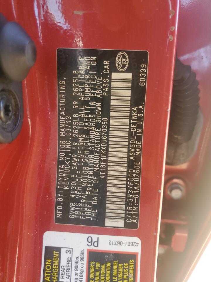 2013 Toyota Camry VIN 4T1BF1FKXDU670350 Copart auction photo, rollover damage thumbnail 12