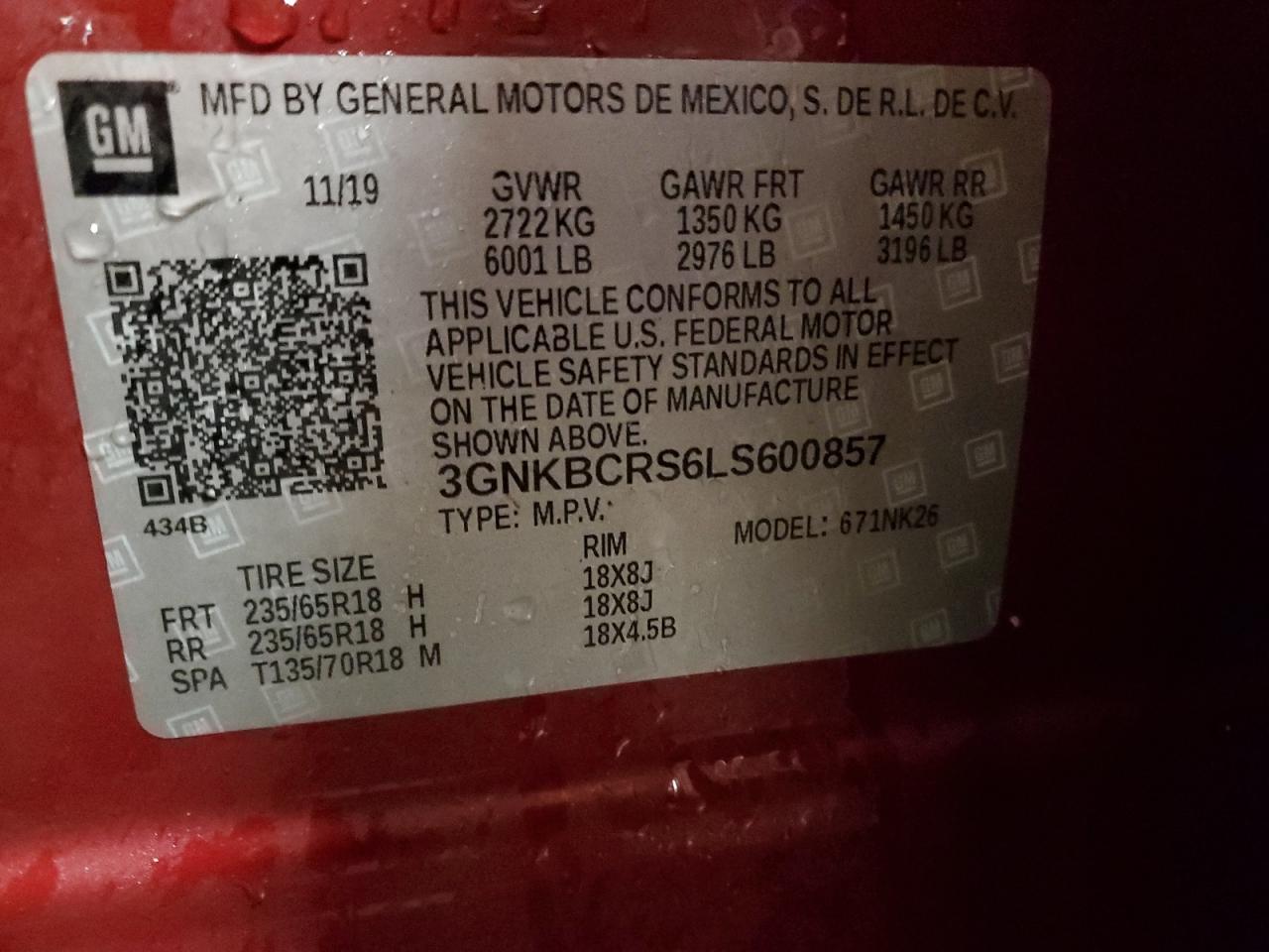 2020 Chevrolet Blazer VIN 3GNKBCRS6LS600857 Copart auction photo, side damage thumbnail 13