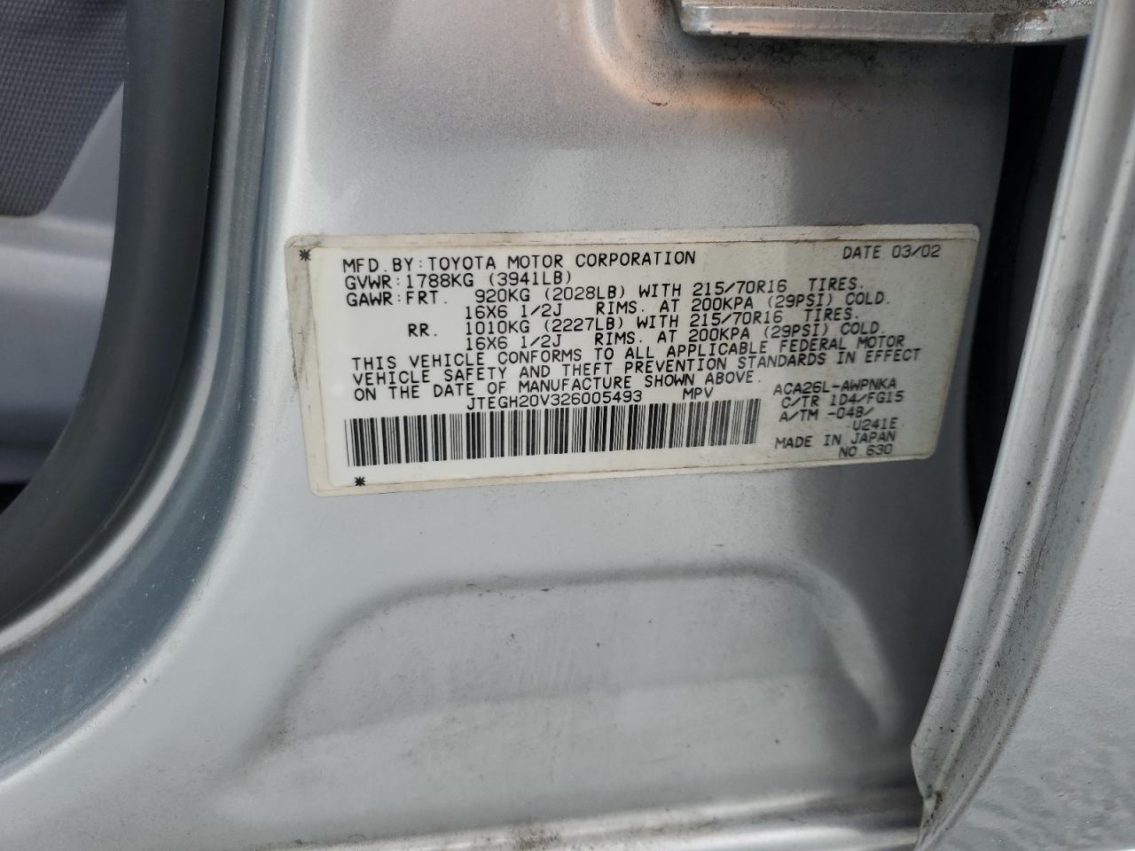 2002 Toyota RAV 4 VIN JTEGH20V326005493 Copart auction photo, normal wear damage thumbnail 13