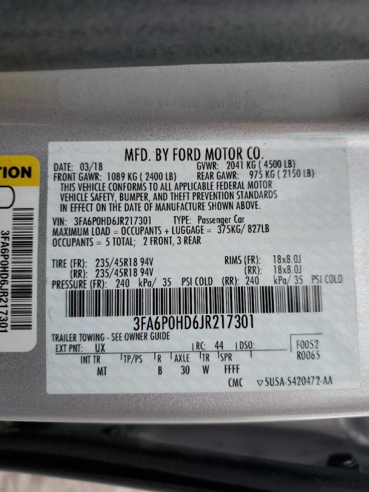 2018 Ford Fusion VIN 3FA6P0HD6JR217301 Copart auction photo, front end / side damage thumbnail 12