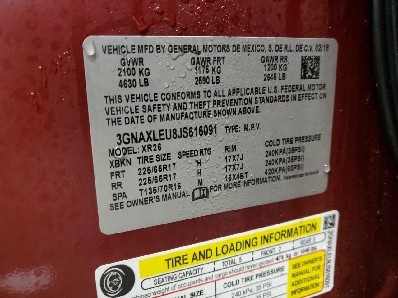 2018 Chevrolet Equinox VIN 3GNAXLEU8JS616091 Copart auction photo, front end / side damage thumbnail 13