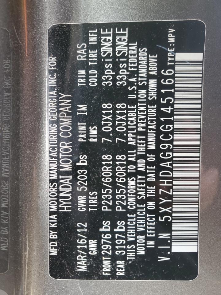 2012 Hyundai Santa Fe VIN 5XYZHDAG9CG145166 Copart auction photo, front end damage thumbnail 13