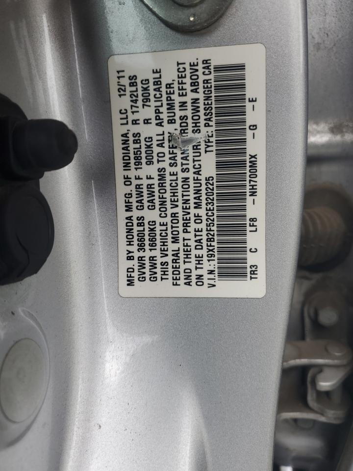 2012 Honda Civic VIN 19XFB2F52CE320225 Copart auction photo, rear end damage thumbnail 12