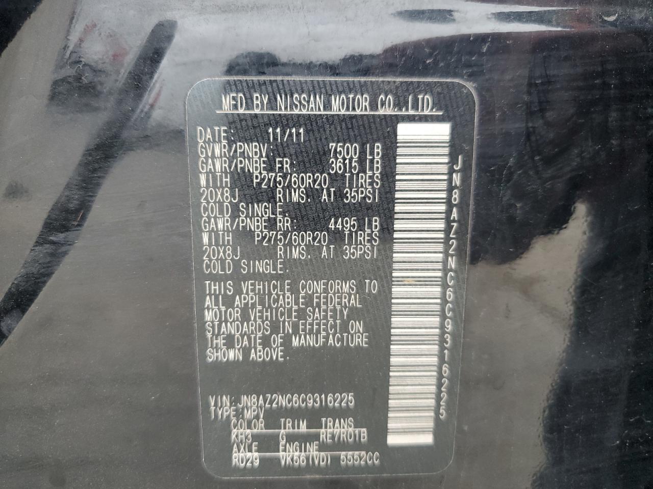 2012 Infiniti QX56 VIN JN8AZ2NC6C9316225 Copart auction photo, rear end damage thumbnail 13