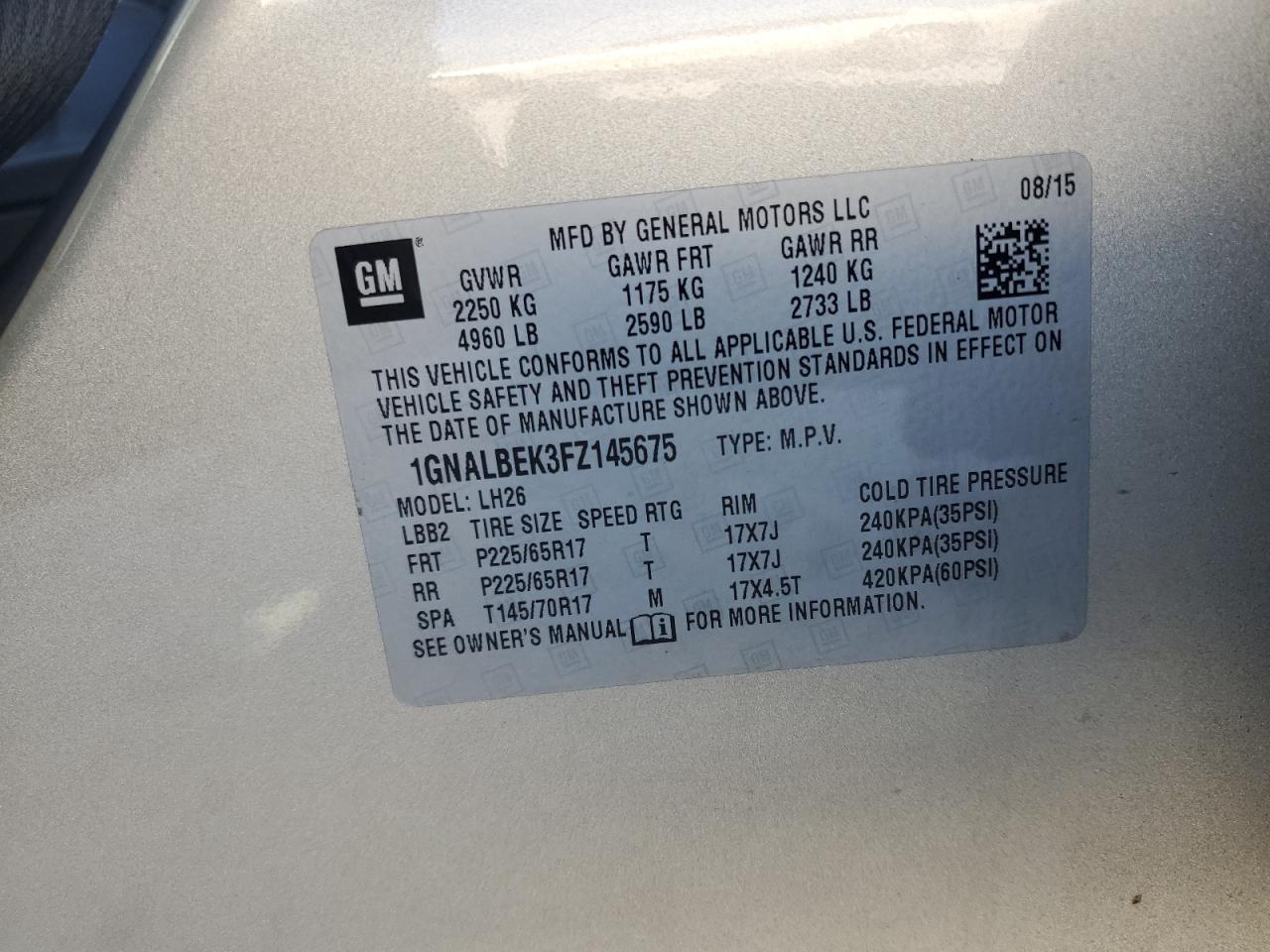 2015 Chevrolet Equinox VIN 1GNALBEK3FZ145675 Copart auction photo, front end damage thumbnail 13