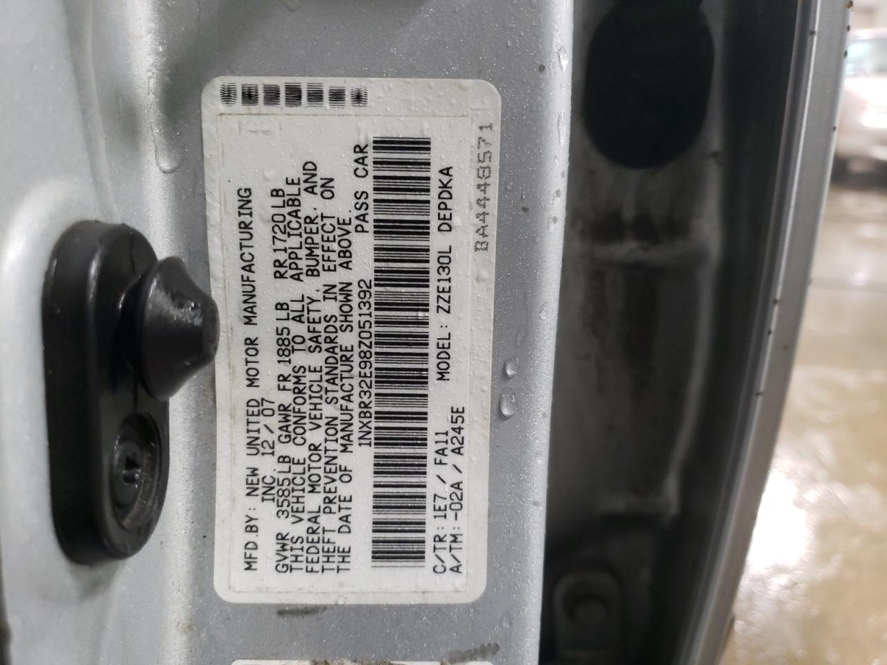 2008 Toyota Corolla VIN 1NXBR32E98Z051392 Copart auction photo, rear end / side damage thumbnail 13