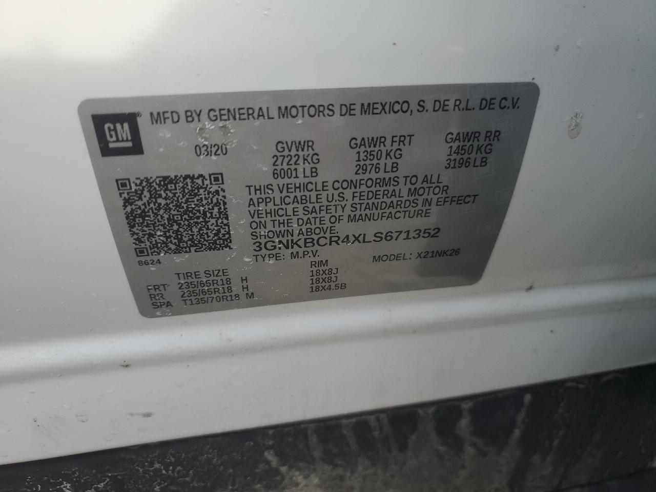2020 Chevrolet Blazer VIN 3GNKBCR4XLS671352 Copart auction photo, rollover damage thumbnail 14
