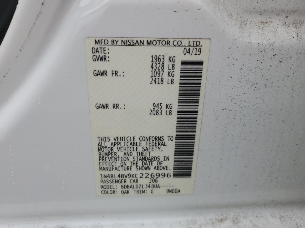 2019 Nissan Altima VIN 1N4BL4BV9KC226996 Copart auction photo, front end damage thumbnail 12