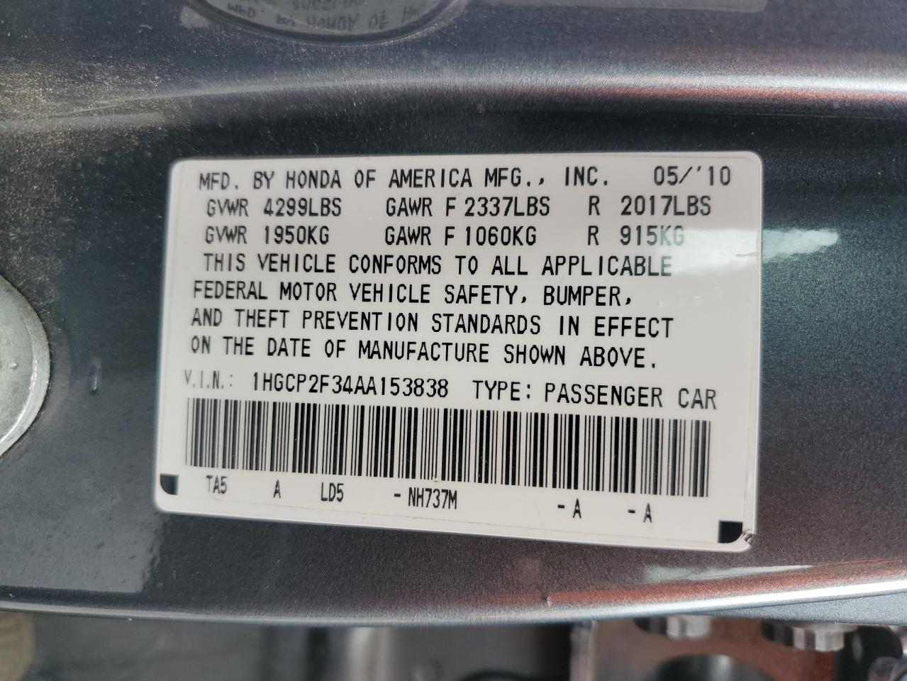 2010 Honda Accord VIN 1HGCP2F34AA153838 Copart auction photo, front end / minor dent/scratches damage thumbnail 14