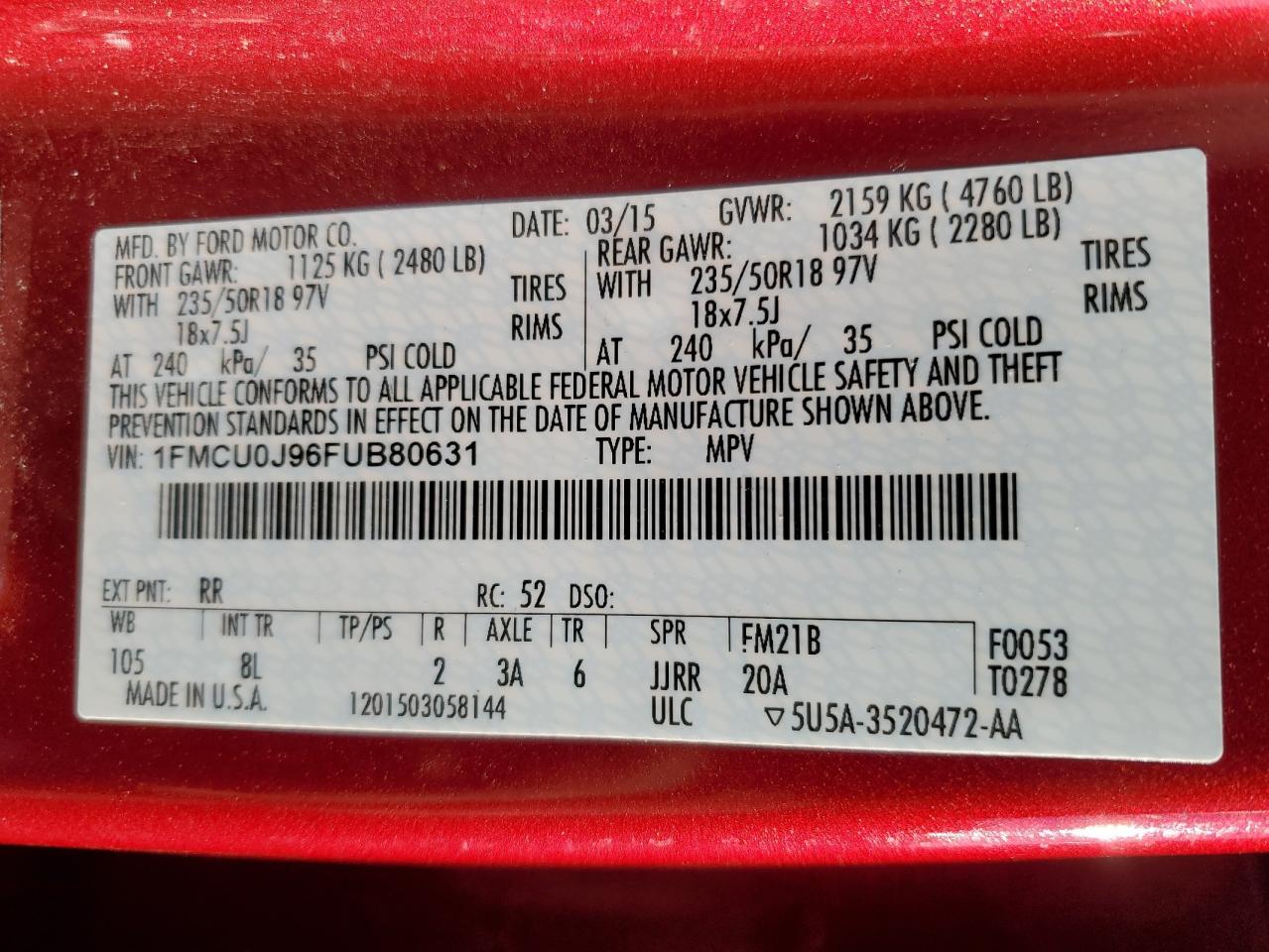 2015 Ford Escape VIN 1FMCU0J96FUB80631 Copart auction photo, front end / rear end damage thumbnail 14