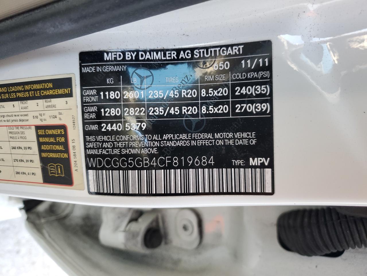 2012 Mercedes-Benz GLK-klasse VIN WDCGG5GB4CF819684 Copart auction photo, front end damage thumbnail 14