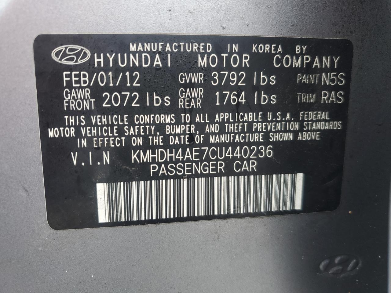 2012 Hyundai Elantra VIN KMHDH4AE7CU440236 Copart auction photo, vandalism / minor dent/scratches damage thumbnail 12