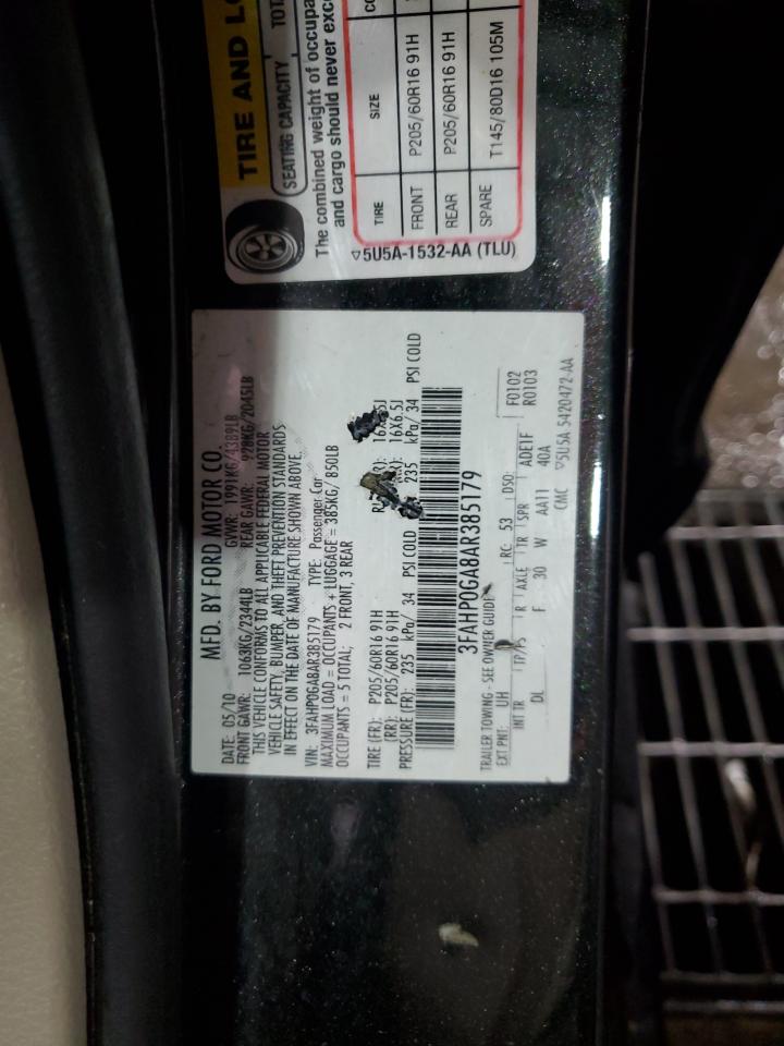2010 Ford Fusion VIN 3FAHP0GA8AR385179 Copart auction photo, front end damage thumbnail 12