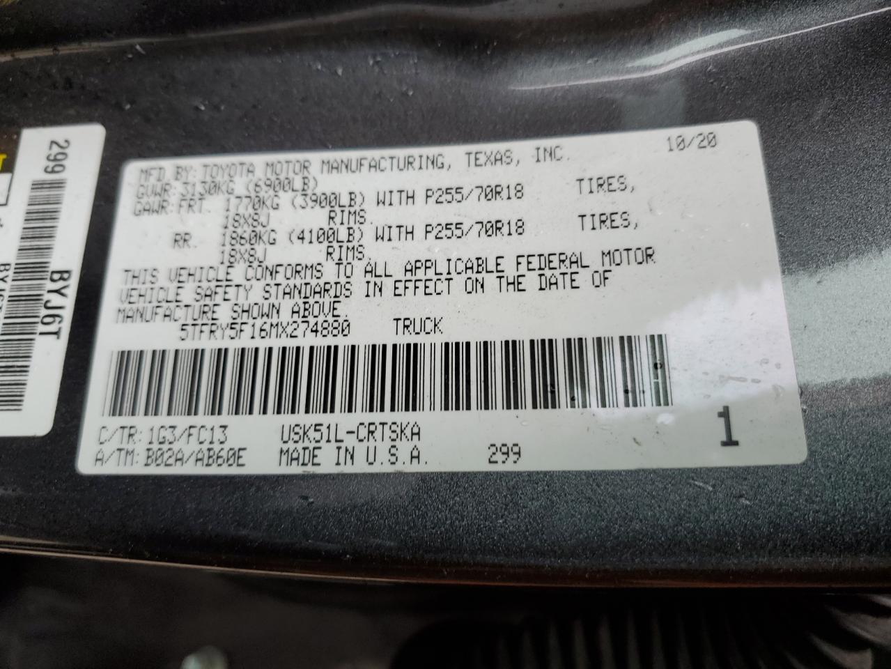 2021 Toyota Tundra VIN 5TFRY5F16MX274880 Copart auction photo, front end / rear end damage thumbnail 12