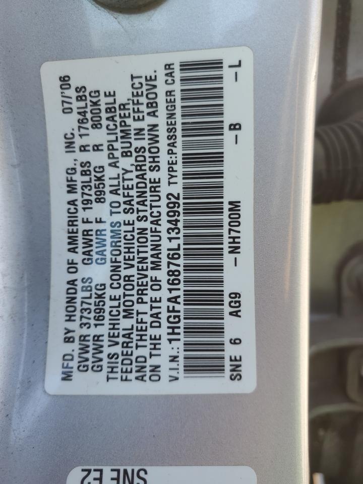 2006 Honda Civic VIN 1HGFA16876L134992 Copart auction photo, rear end / undercarriage damage thumbnail 14