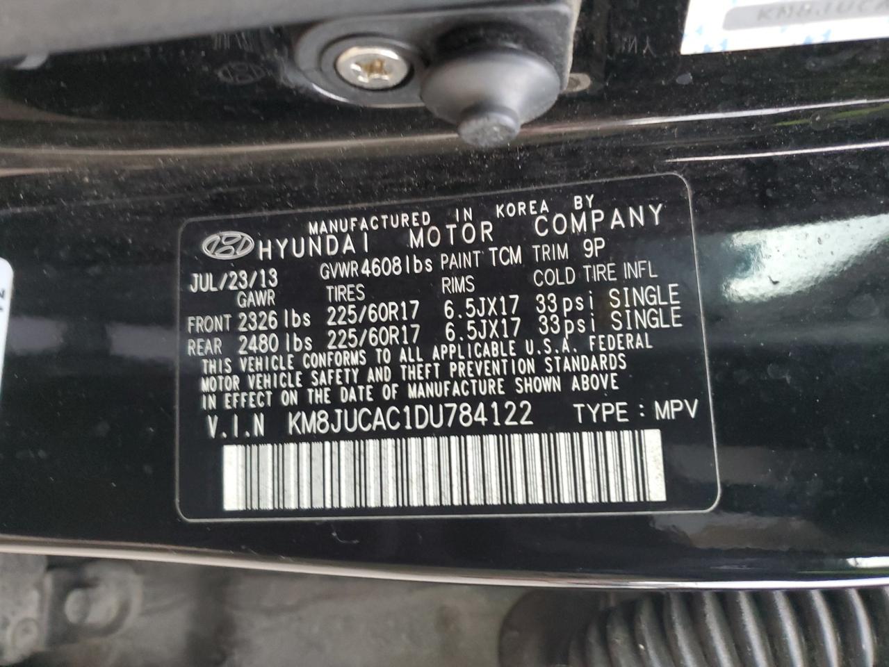 2013 Hyundai Tucson VIN KM8JUCAC1DU784122 Copart auction photo, undercarriage / minor dent/scratches damage thumbnail 13