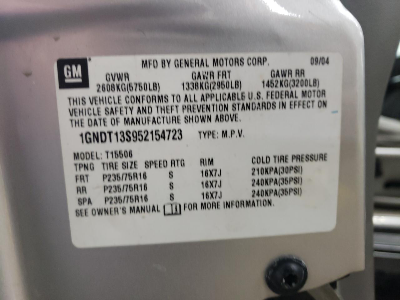 2005 Chevrolet TrailBlazer VIN 1GNDT13S952154723 Copart auction photo, front end / rear end damage thumbnail 13