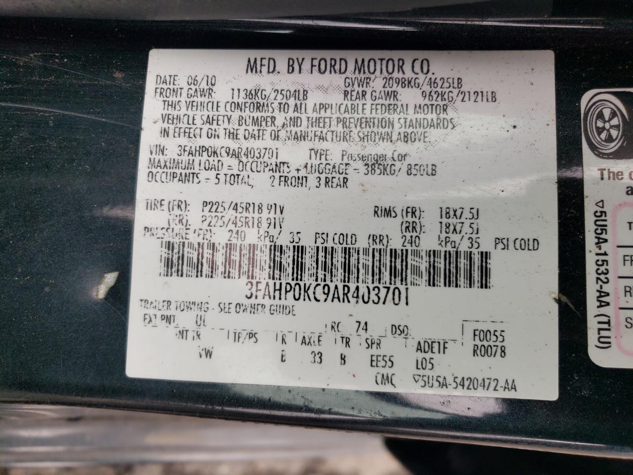2010 Ford Fusion VIN 3FAHP0KC9AR403701 Copart auction photo, all over damage thumbnail 12